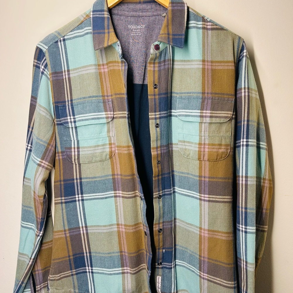 Toad&Co Aqua, Mustard & Navy Plaid Button-Up | Size S